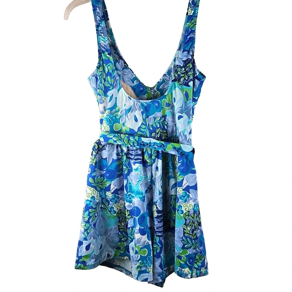 VTG MAXINE OF HOLLYWOOD FLORAL SWIMSUIT 16 one pc Tie Belt ROMPER STYLE
